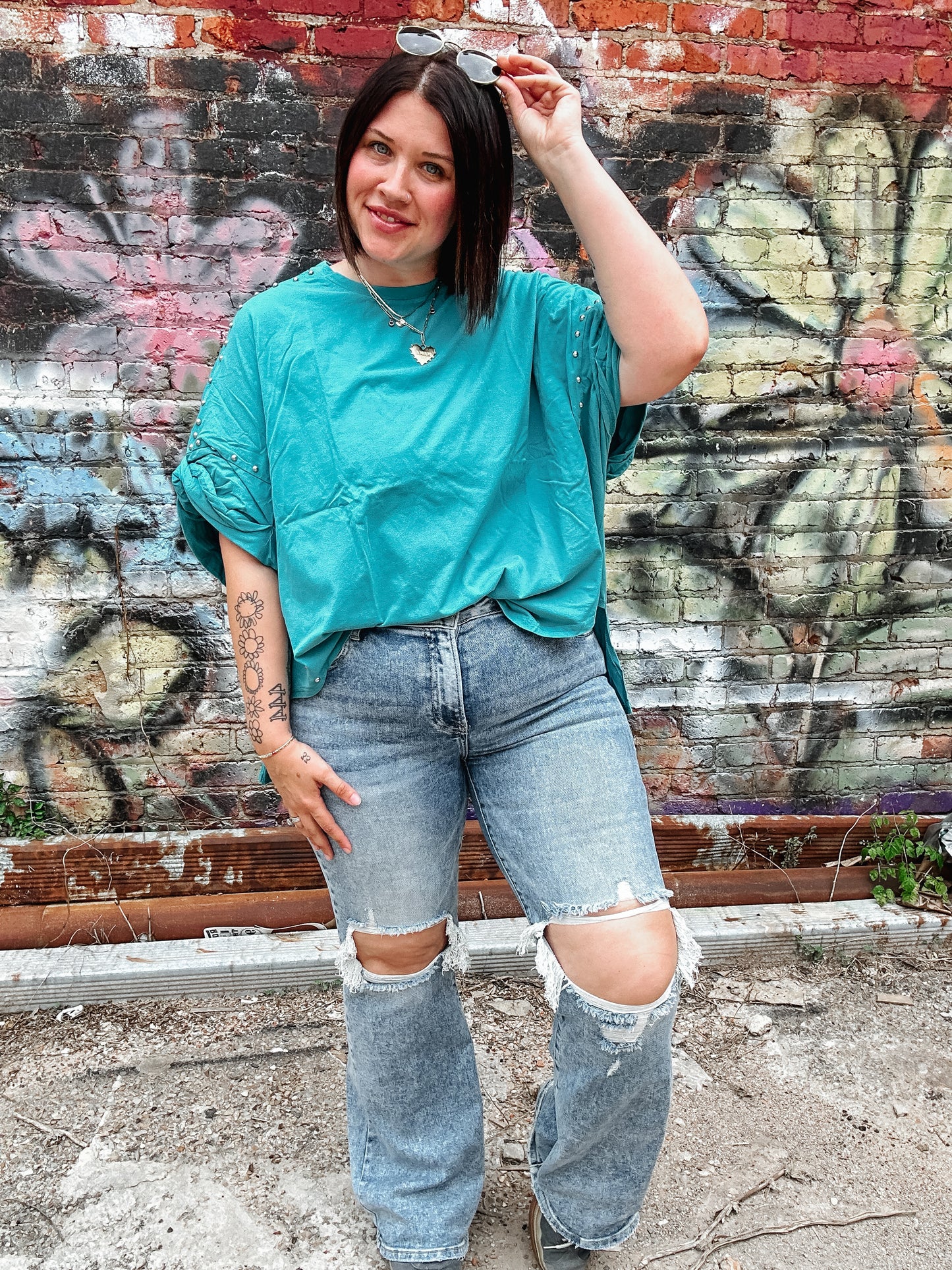 Teal Hi Low Stud Top