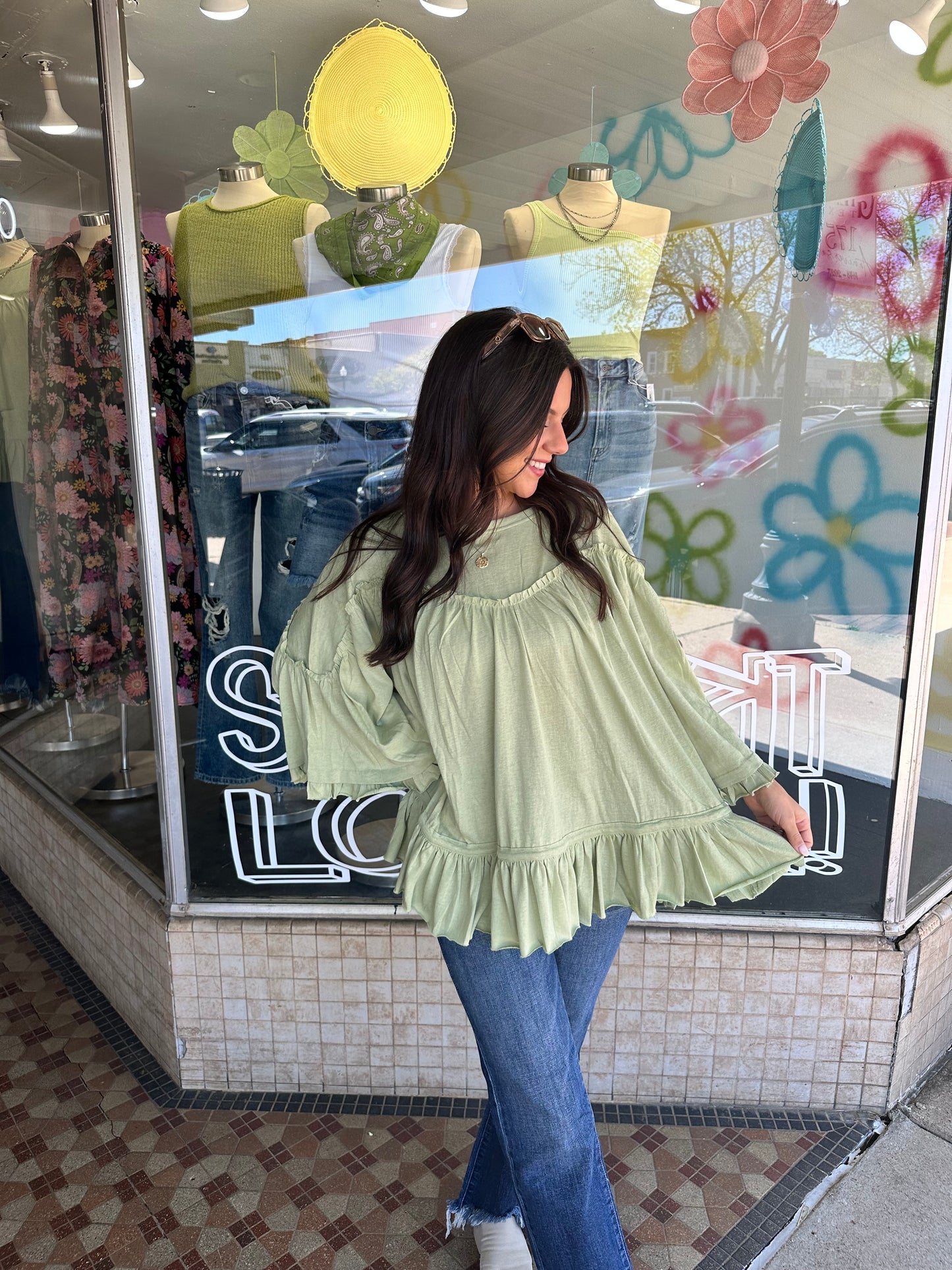 Sage Ruffle Top