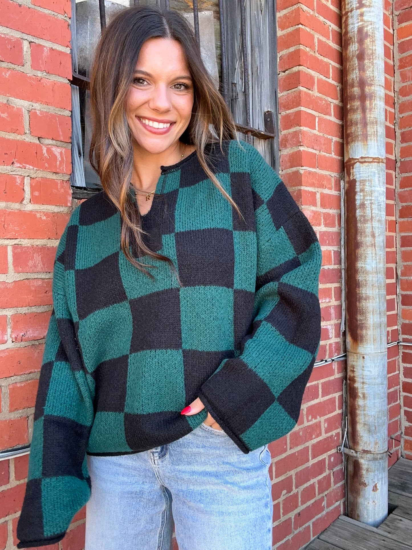 Split Neck Checkered Sweater