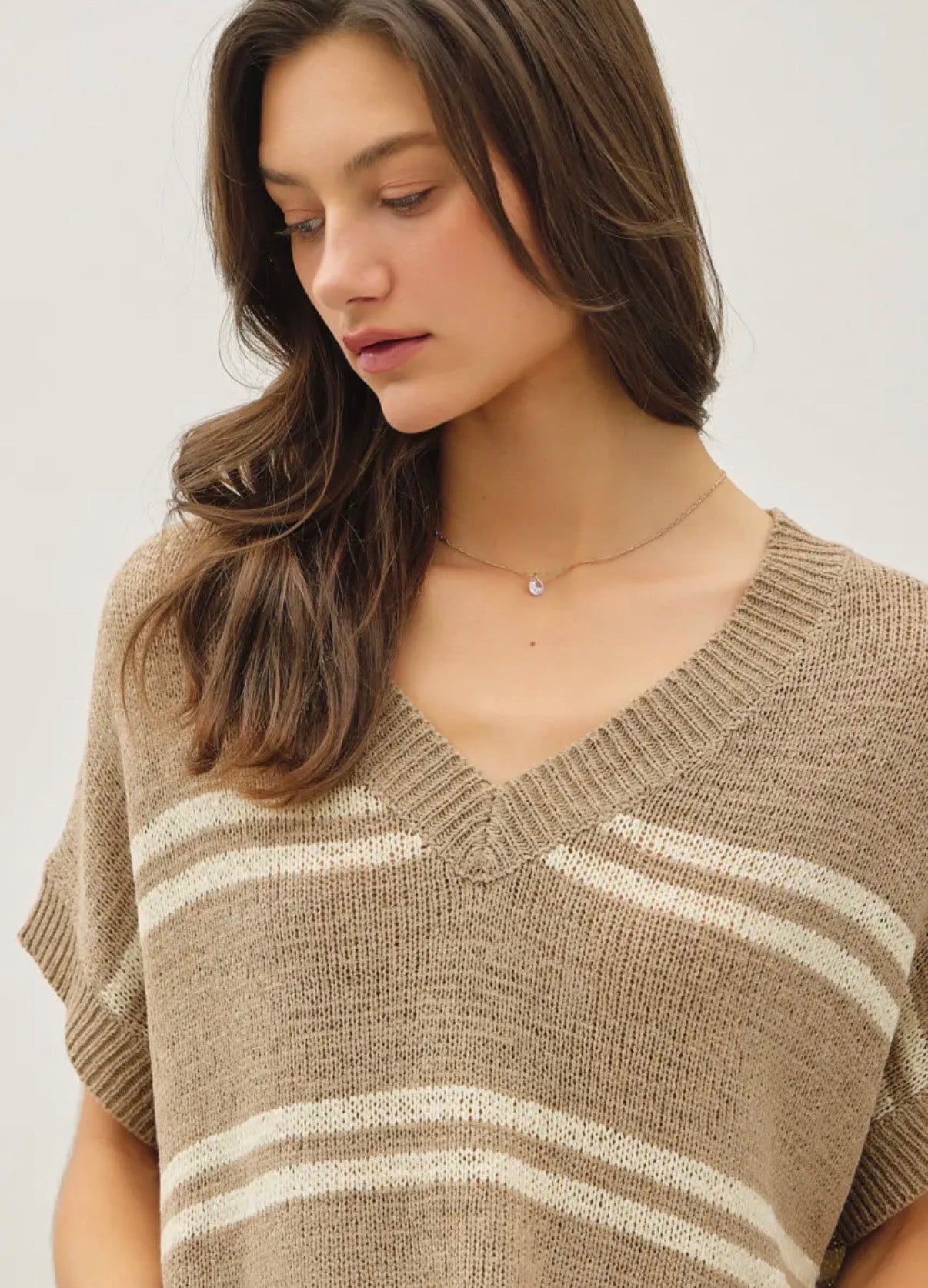Taupe Stripe V Neck