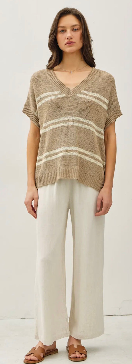 Taupe Stripe V Neck