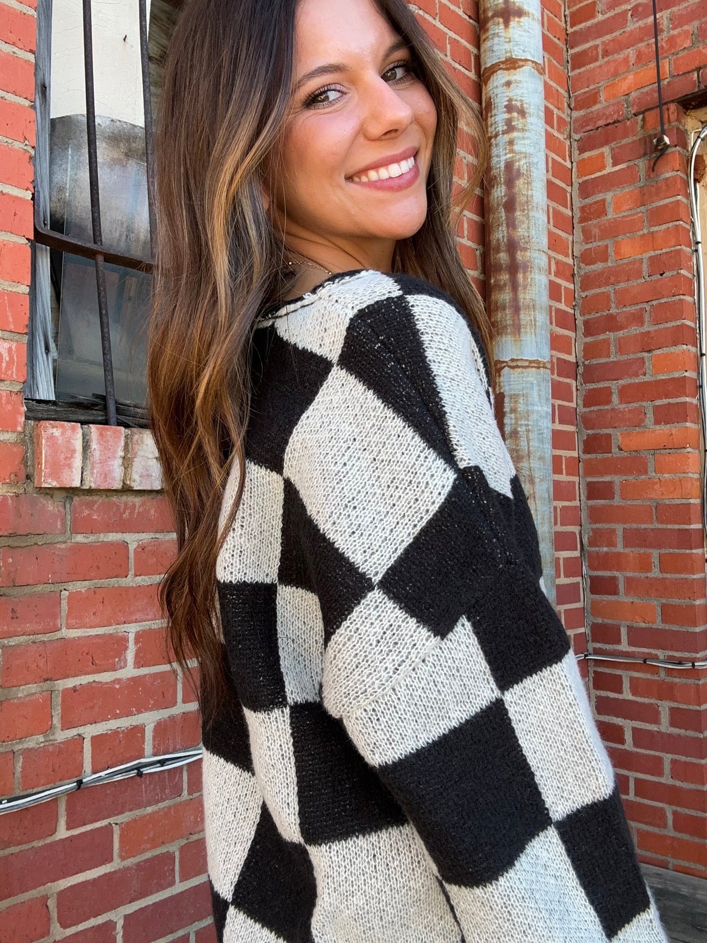 Split Neck Checkered Sweater