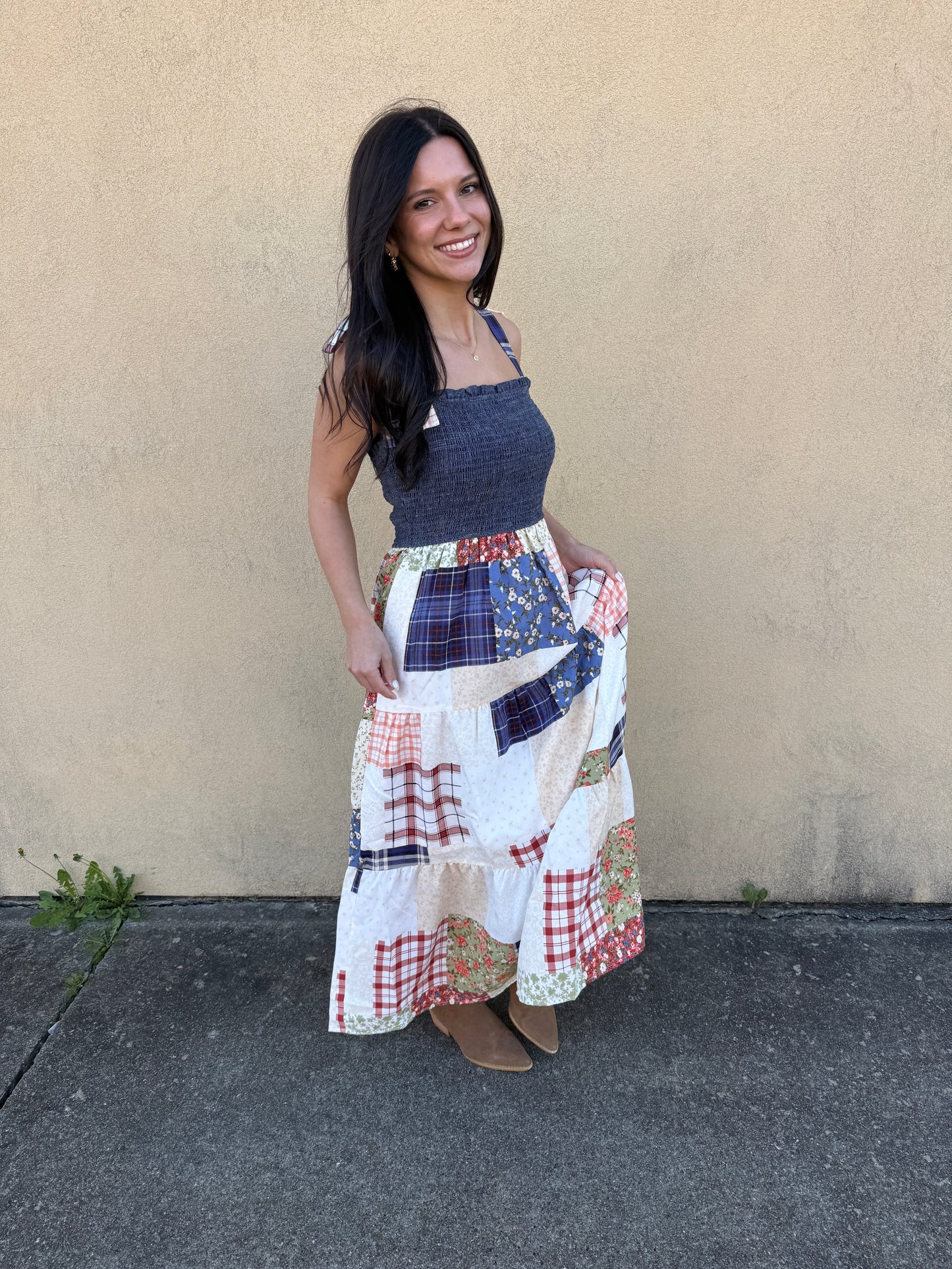 Smocked Patch Work Denim Dress