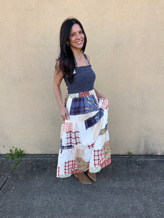 Smocked Patch Work Denim Dress