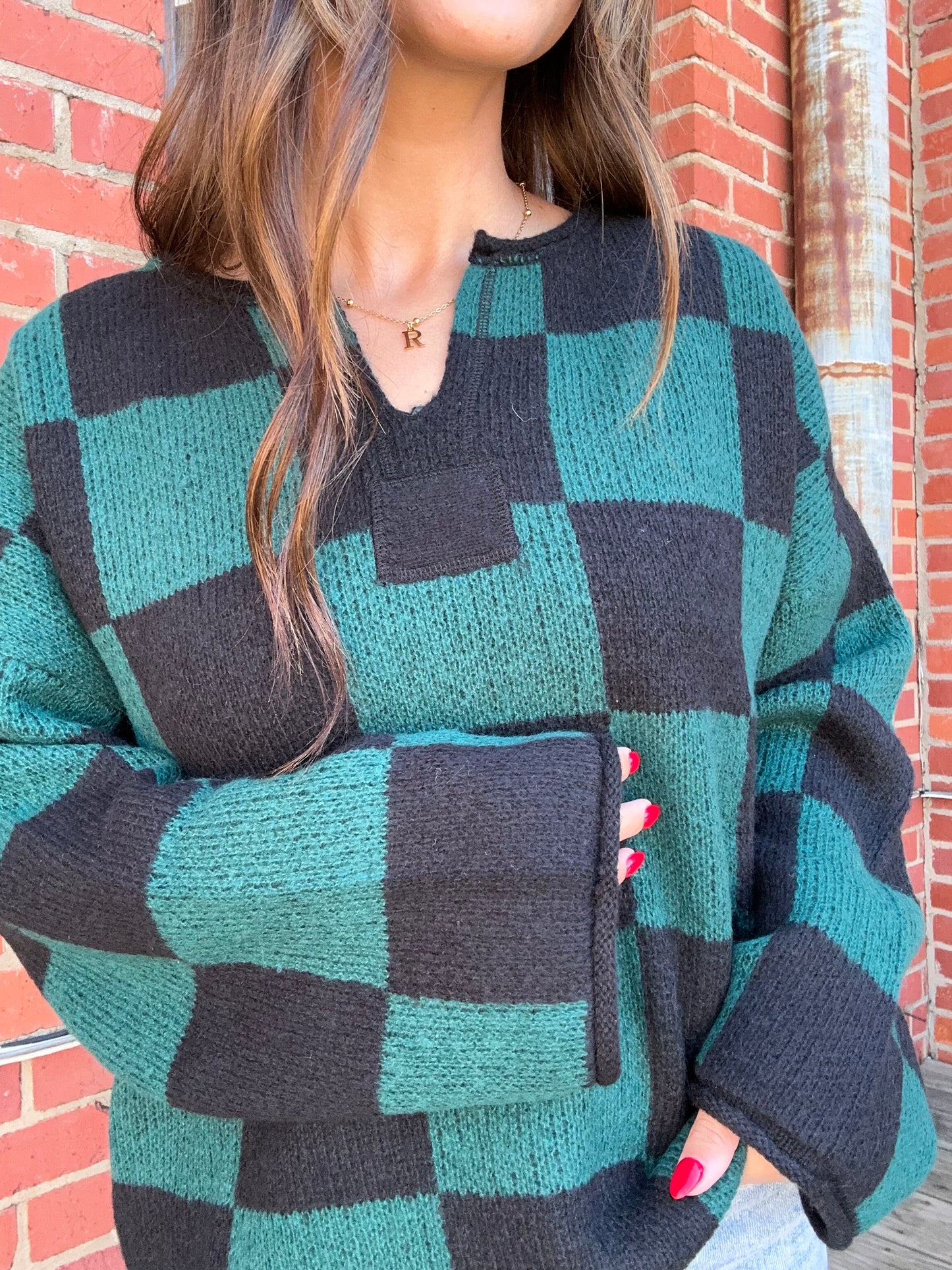 Split Neck Checkered Sweater