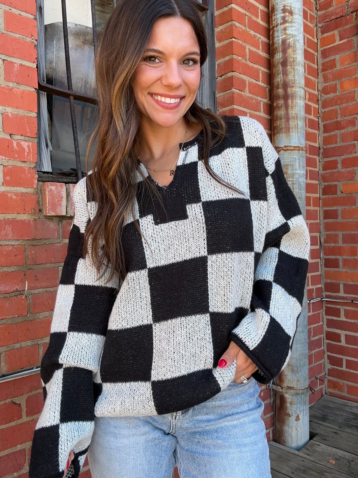 Split Neck Checkered Sweater