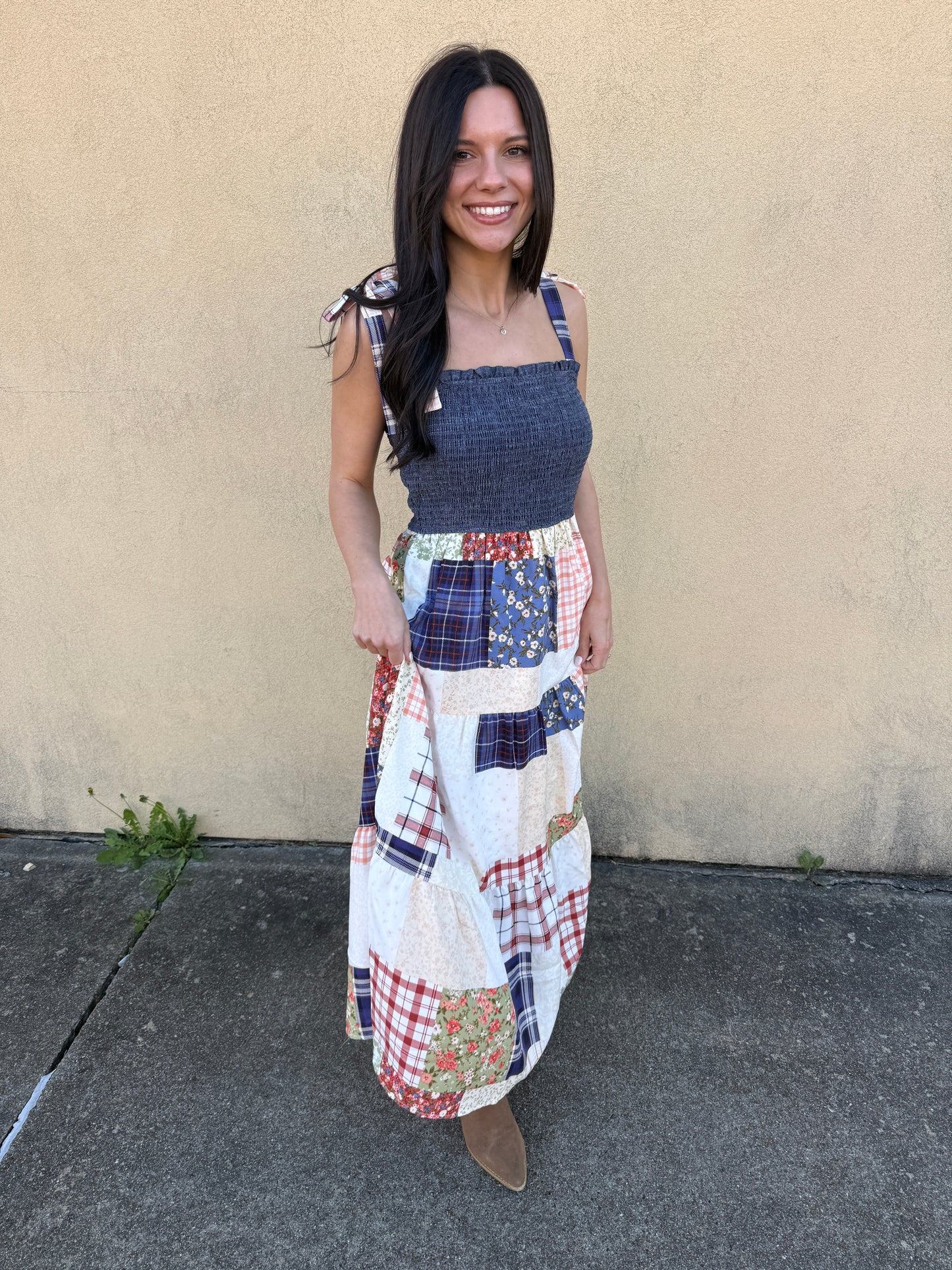 Smocked Patch Work Denim Dress